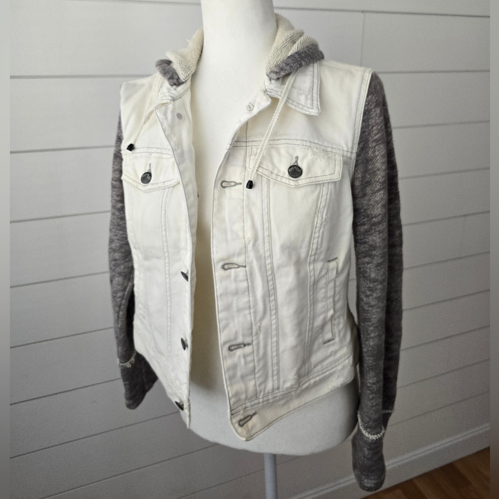 Free People Jean Jacket Hoodie in white & grey size S